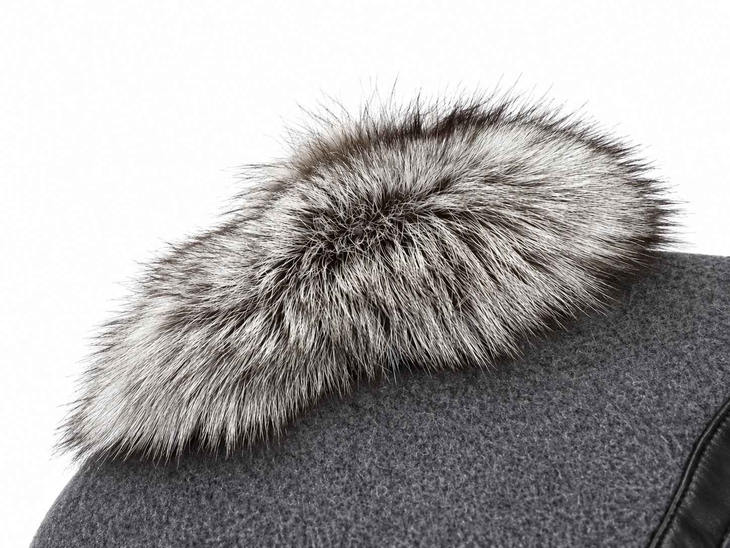 Fur-trimmed collar on gray wool coat