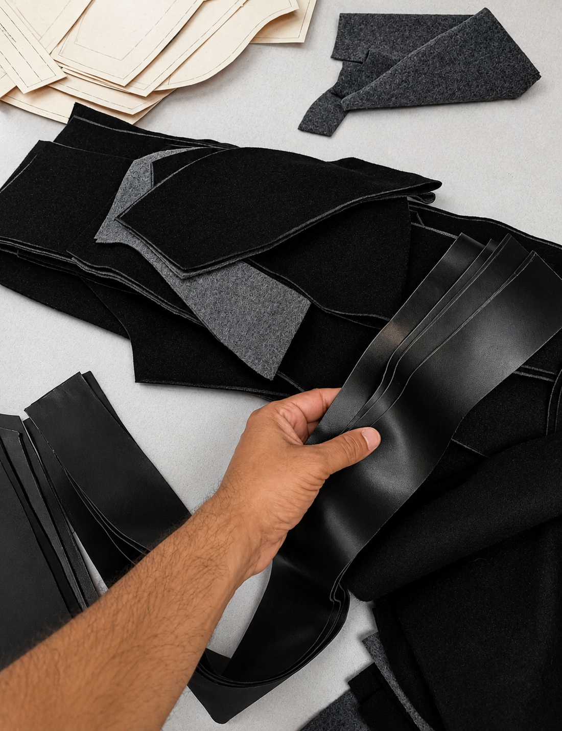 Hand selecting black leather material samples
