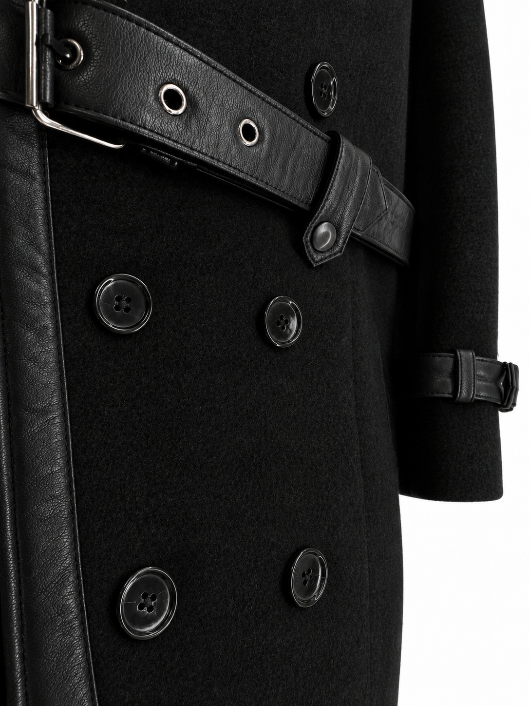Black wool coat with leather belt detail