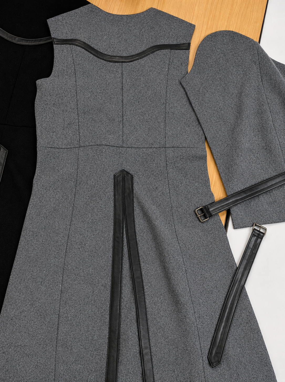 Gray dress with black leather belt accessories