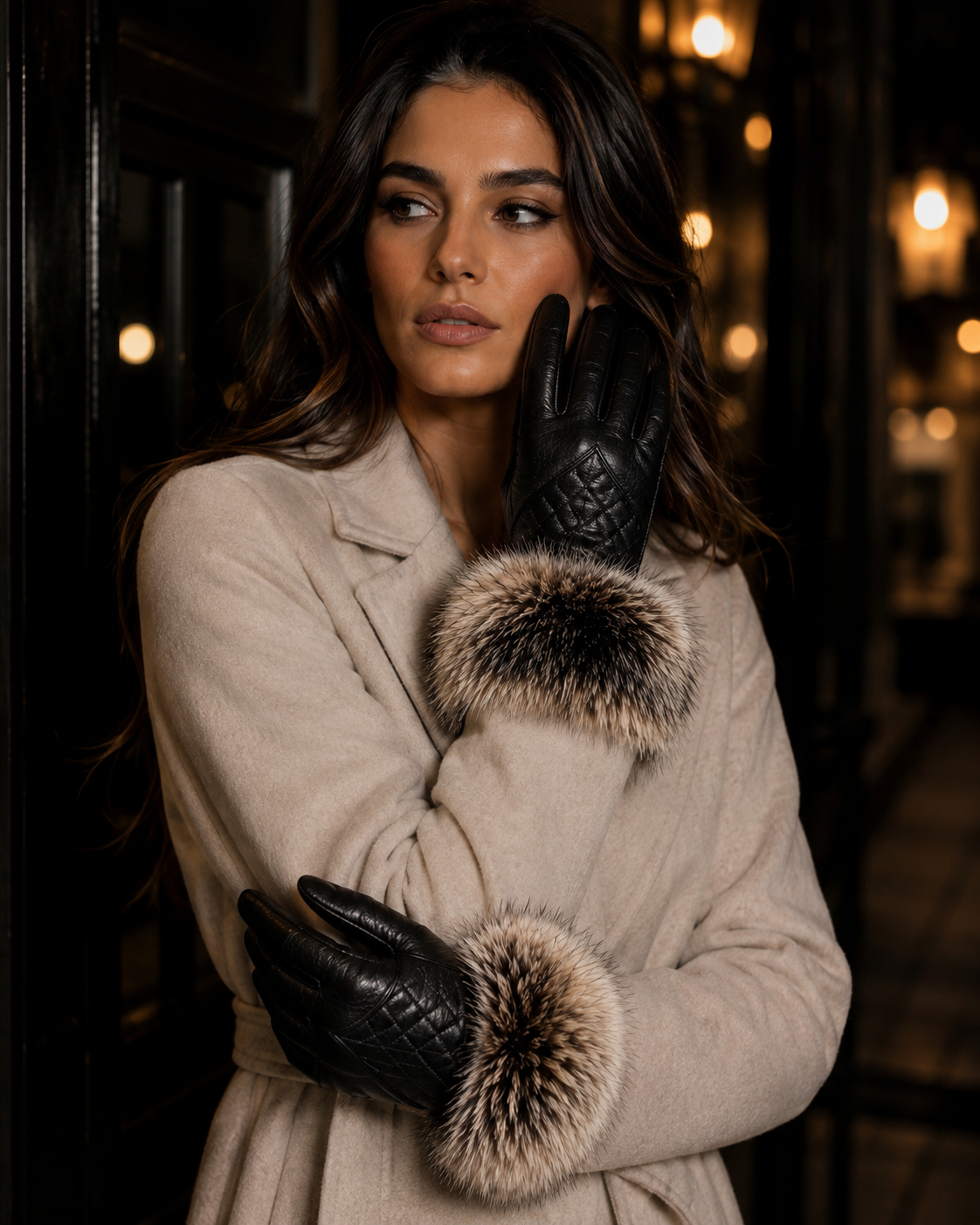 Woman in cream coat black leather gloves night